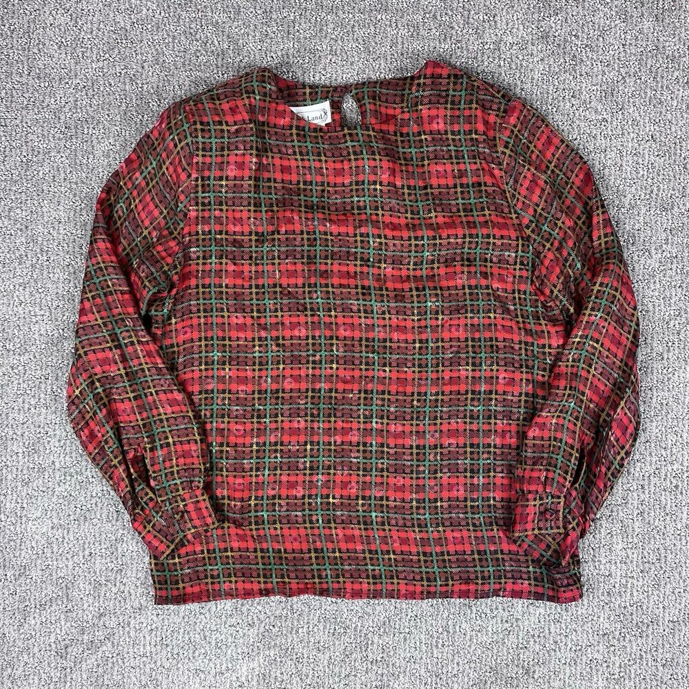 Vintage Silkland Top Womens Medium Blouse Plaid Silk 80s Retro Business Red
